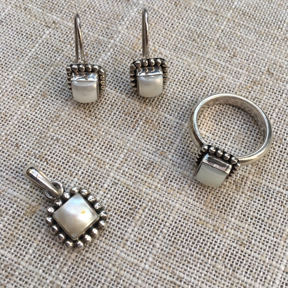 Silpada Pearl Button Frame Pendant, Earrings, Ring